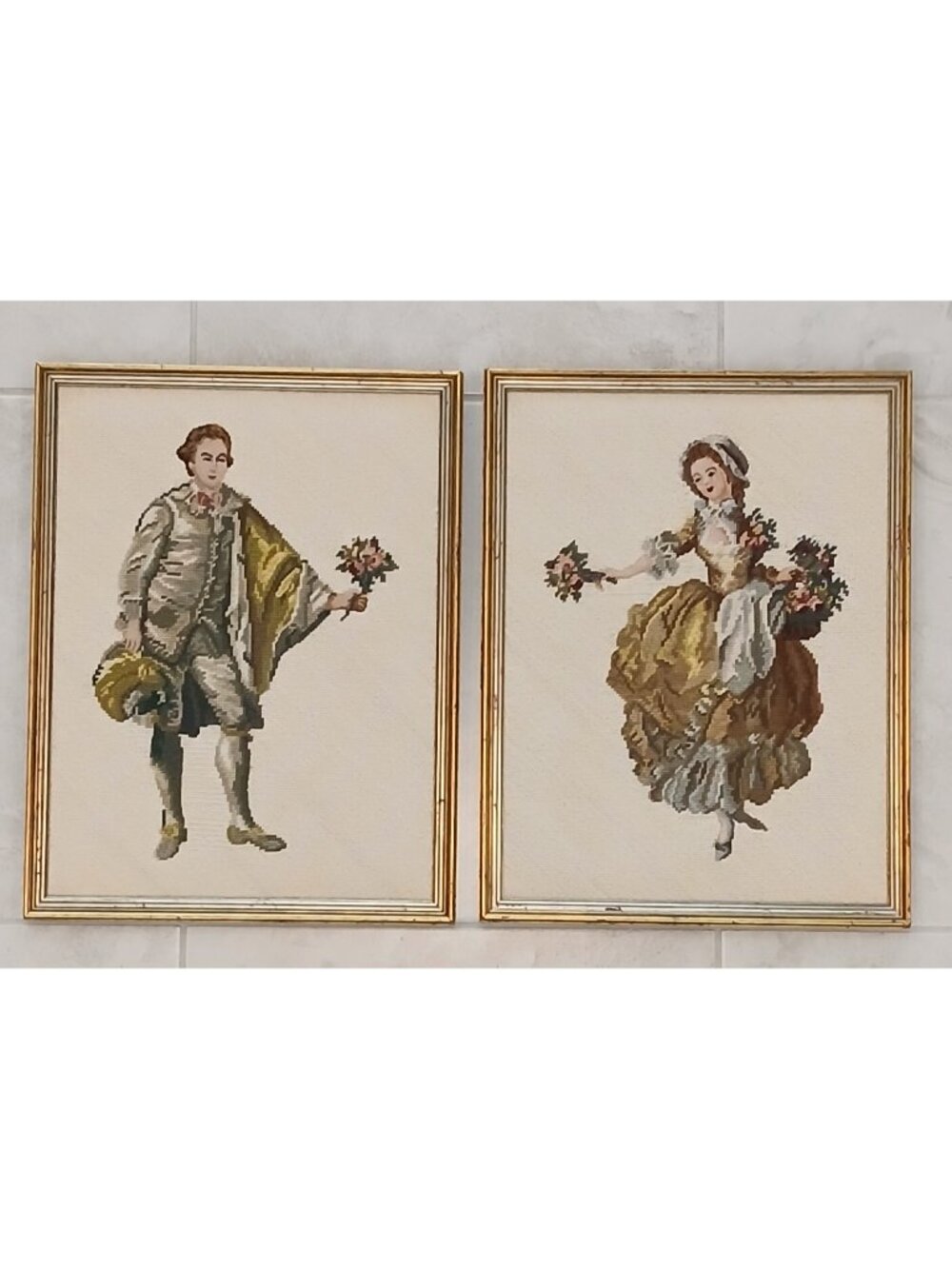 Pair Framed Needlepoint Colonial Couple Knight of Rose Gold Wood 20.5x16